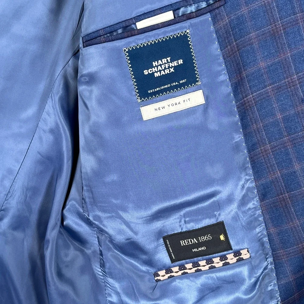Hart Schaffner Marx Coat 44R Blue Windowpane Plaid Reda 1865 Wool New York Fit